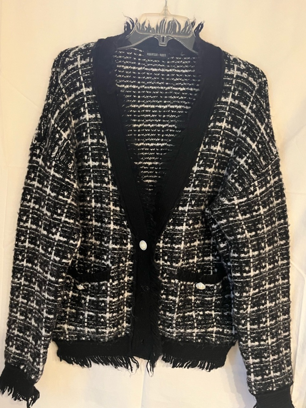 Black & White Tweed Fringe Open-Front Cardigan